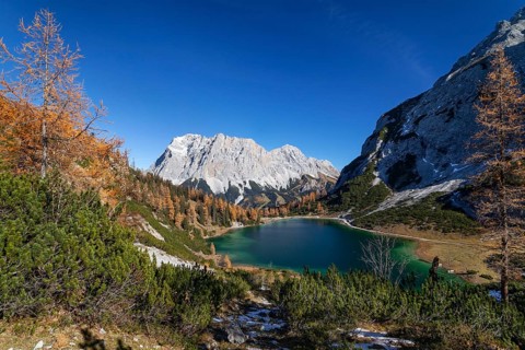 Seebensee with Zugspitze and Wetterstein Mountains in autumn, Alps, Tyrol, Austria