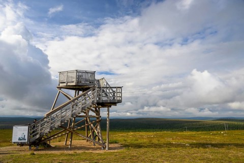 Wooden observation tower in a vast landscape under a partly cloudy sky, Kaunispää Caabuaivas,