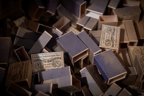 Old matchboxes covered with historical motifs, Tändsticksmuseet matchstick museum or match museum,