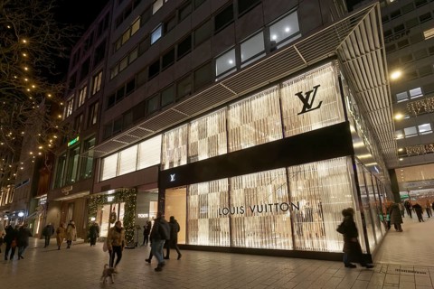 Louis Vuitton boutique on the Kö, illuminated façade, evening, luxury shopping, Düsseldorf, North