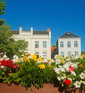 Harbour forecourt in front of Norderstraße, Neo-Gothic façade, City of Weener, East Frisia, Germany