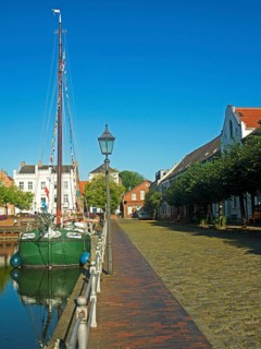 Historic harbour, traditional ship, city of Weener, East Frisia, Germany