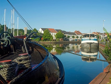 Historic harbour, traditional ship, city of Weener, East Frisia, Germany