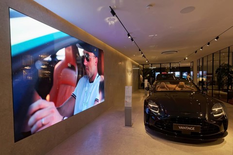 Aston Martin Vantage luxury sports car, exhibited in the Düsseldorf showroom, North