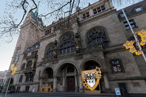 Duisburg town hall in early Renaissance style, entrance portal with Christmas decoration and city