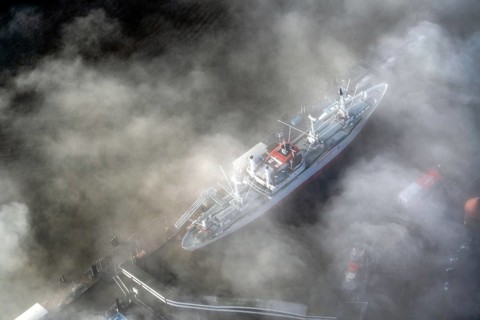 Cap San Diego under clouds, museum to touch, white swan of the South Atlantic, cargo ships, museum,