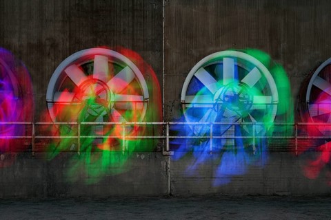 Light painting, color-lit fans of the former cooling plant, Landschaftspark Duisburg-Nord,