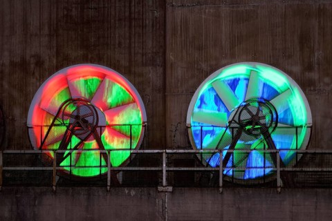 Two colour-illuminated fans at the cooling plant of the former steelworks, Landschaftspark