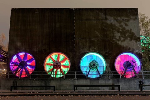 Four colour-illuminated fans at the cooling plant of the former steelworks, Landschaftspark