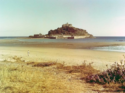 Beach at low tide, St Michael's Mount tidal island, Marazion, Cornwall, England, UK 1960s
