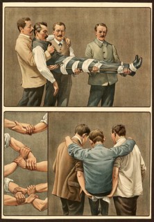 First aid, transportation of accident victims, school picture, authentic reproduction of a school