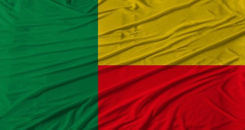 Benin flag waving. Flag of Benin with cloth texture