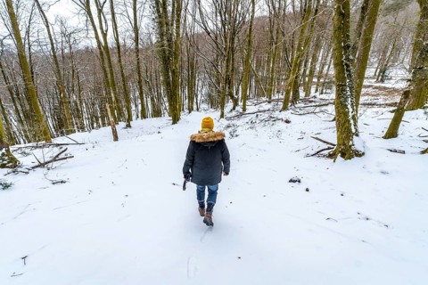 Man in a winter coat and yellow hat walking away into a snow covered forest, exploring and enjoying