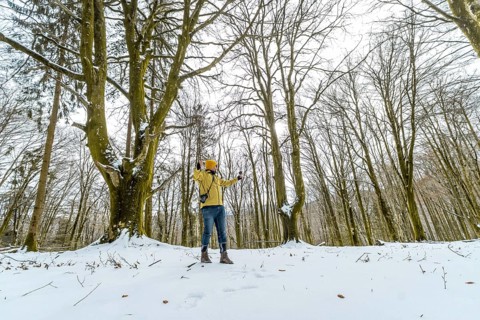 Man in yellow jacket and beanie enjoying a solitary winter hike, standing in a snow covered forest