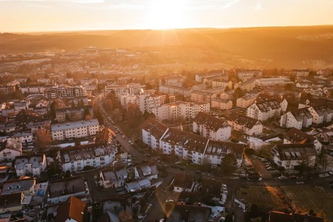 View of a city in soft sunset light, with a quiet atmosphere, Calw, Black Forest, Germany