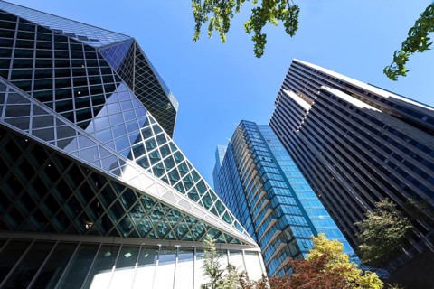 USA, Seattle financial and business district skyline in city downtown