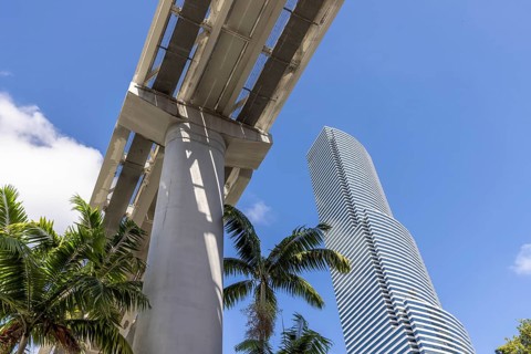 Miami downtown financial skyline and business shopping center near Biscayne bay and South beach