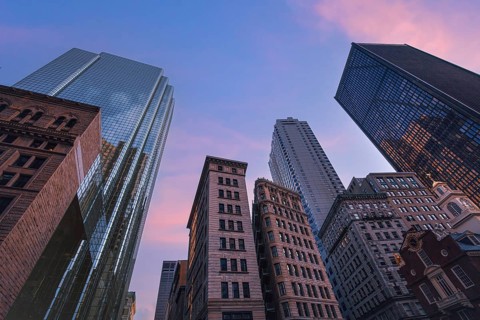 USA, Scenic Boston downtown financial district city skyline and skyscrapers
