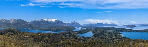 Argentina, Patagonia, scenic panoramic landscapes of Isla Victoria and Andes from Cerro Campanario