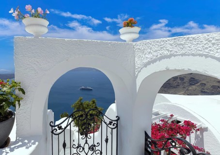Greek islands, scenic Santorini Sea landscapes at sunset and Fira views