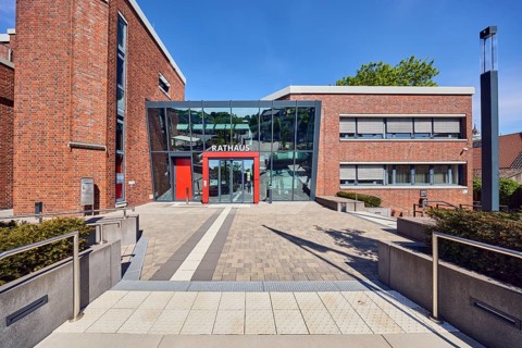 Town hall, brick building, modern architecture, entrance, staircase, stainless steel railing,