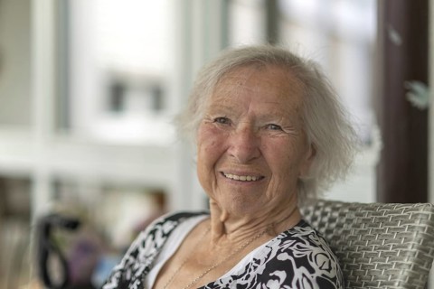 Smiling 86-year-old woman, retirement home, Jettingen, Baden-Württemberg, Germany