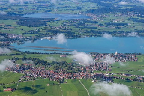 Panorama from Tegelberg, 1881m, on Schwangau, Waltenhofen, Forggensee and Hopfensee, Füssener Land,