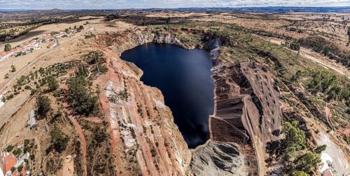 Panoramic aerial photograph, Mina de Sao Domingos, historic copper open-pit mine, aerial view,