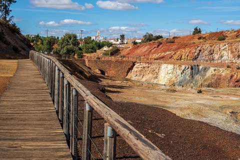 Terraces built for ore extraction, Mina de Sao Domingos, historic copper open-pit mine, Portugal