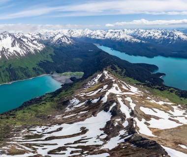 View of mountain landscape with turquoise blue fjord Sadie Cove and Tutka Bay, aerial view, Grace