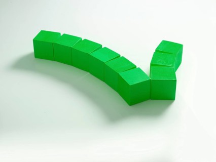 9 green wooden cubes against a white background