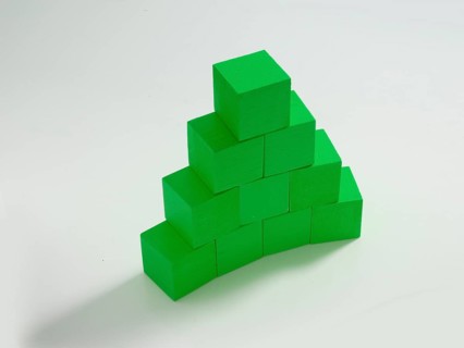 10 green wooden cubes against a white background