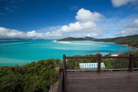 Sunny daytime view from Hill Inlet lookout over Whitehaven Beach, Whitsunday Island, Queensland,