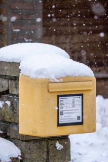 Mailbox, Deutsche Post, winter weather, blowing snow, snowy, near Oberelfringhausen in
