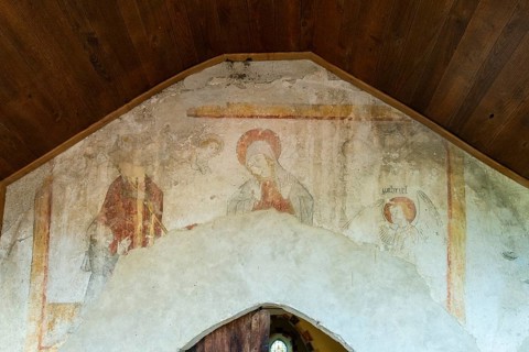 The Annunciation. Painted church St Aignan's, Church of Begues. Allier department. Auvergne Rhone