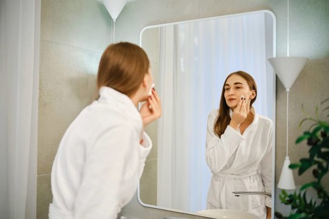 A woman stands in front of a wall mirror in a bathroom. She is washing off makeup from her face