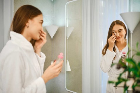 A young woman stands in front of a mirror in the bathroom. She is wearing a bathrobe and removes