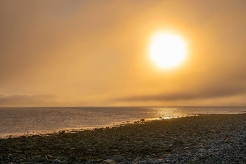 Dramatic sunset over a rocky stretch of coast with soft light, golden sky reflected in the sea,