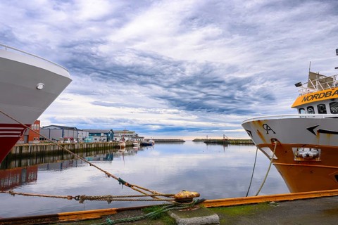 View of quiet harbor with various boats and buildings, two fishing trawler fishing vessels anchor