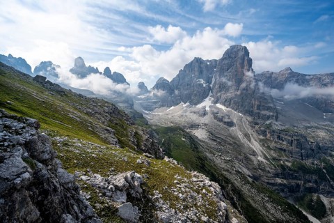 View of picturesque mountain landscape with rocky peaks, Cima Tosa peaks in the back, Via Ferrata