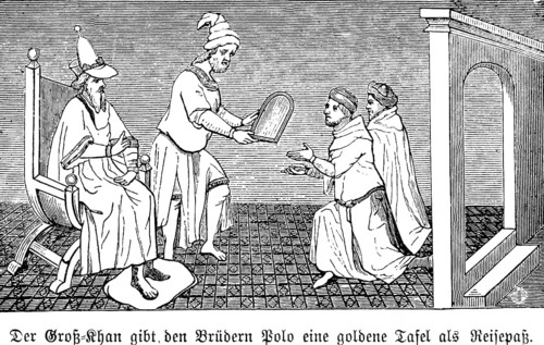The big barge gives the brothers Niccolò and Maffeo Polo a golden tablet as a passport, 13th