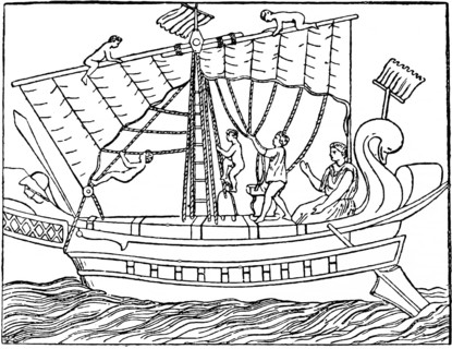 Sailing manoeuvres on an antique transport ship, central mast with wind vane, naked men setting