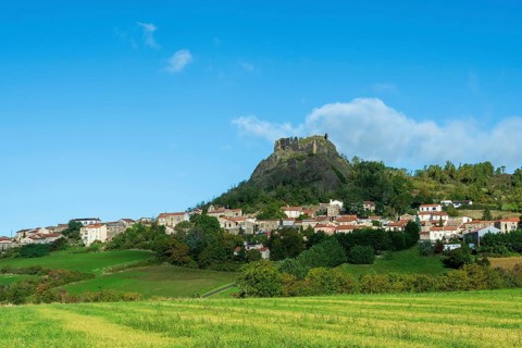Buron village and his castle. Puy de Dome. Auvergne Rhone Alpes. France
