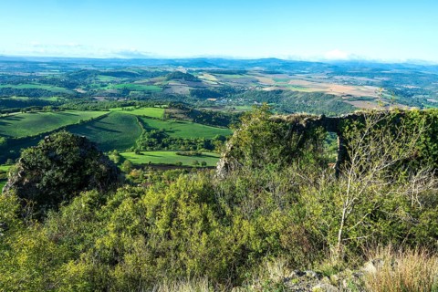 Ruins of medieval castle of Buron on Limagne plain. Puy de Dome. Auvergne Rhone Alpes. France
