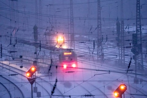 Winter weather, snowfall, regional train train, regional traffic, on the route east, in front of