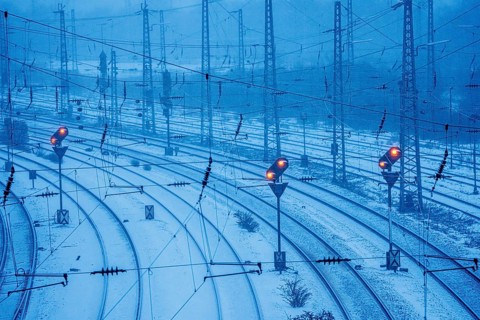 Winter weather, snowfall, signals, on the route east, in front of Essen main station, regional