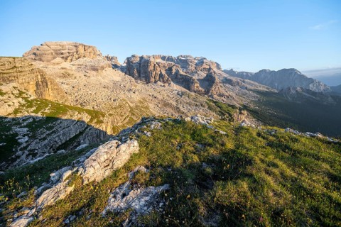 View of rocky mountain peaks of the Brenta Mountains in the evening light, mountain landscape on