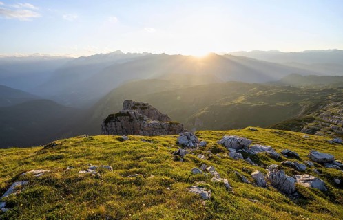 Sunset over the Adamello Group, mountain landscape on the Grosté Plateau, Brenta Mountains,