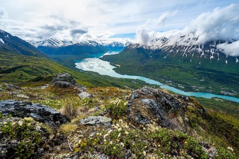 View of snowy mountains and turquoise lake Kenai Lake, Slaughter Ridge Trail, Cooper Landing, Kenai