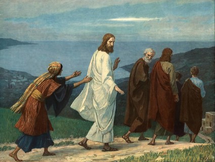 Scene from the biblical story, The Bleeding Woman. The woman had been suffering from uninterrupted